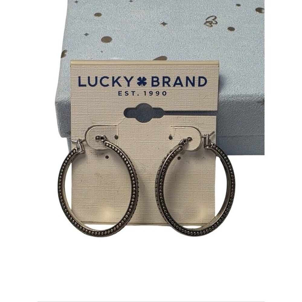 Lucky Brand Silver Tone Antiqued Beaded Hoop Earrings Round Boho Style